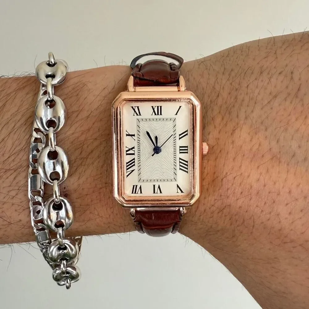 y2k style cute rectangle brown leather luxury watch